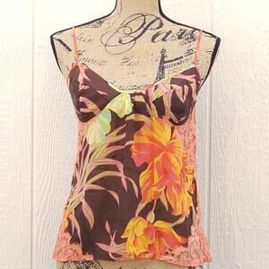 Vtg Victoria's Secret Body Cami 100% Silk M Floral Lace Tropical Babydoll Y2K